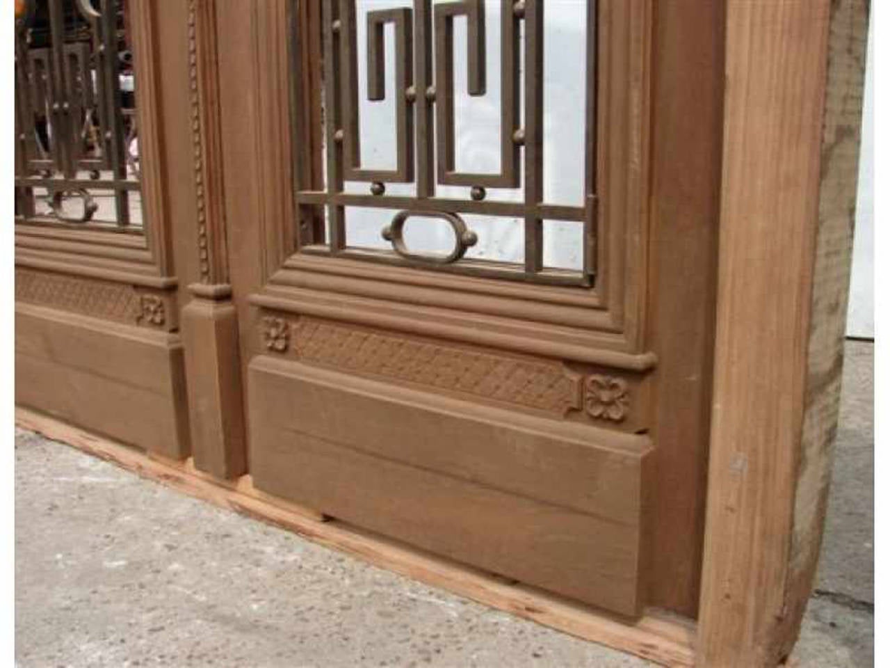 European Huge Double Front Door With Wrought Iron Inserts For Sale
