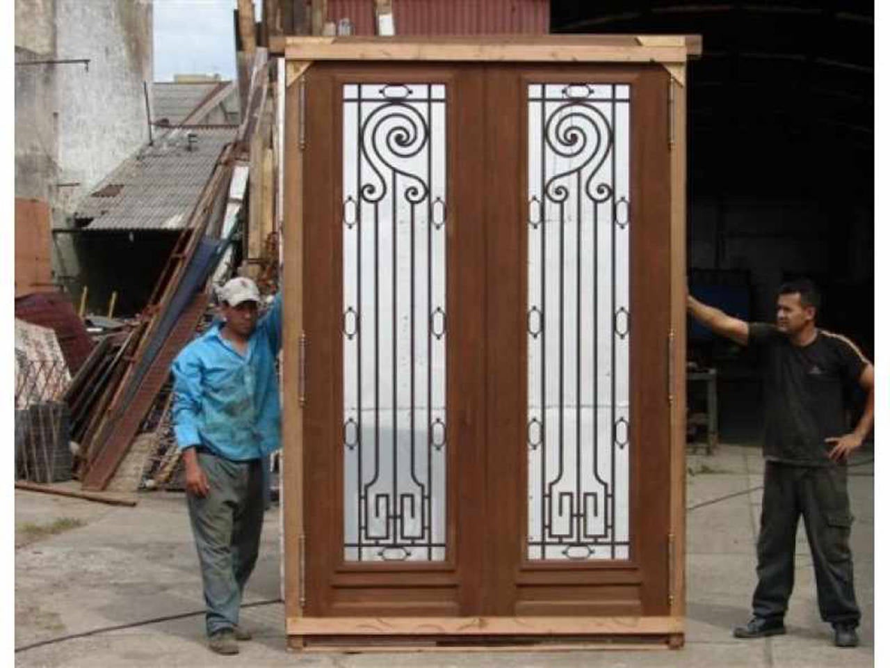 20th Century Huge Double Front Door With Wrought Iron Inserts For Sale