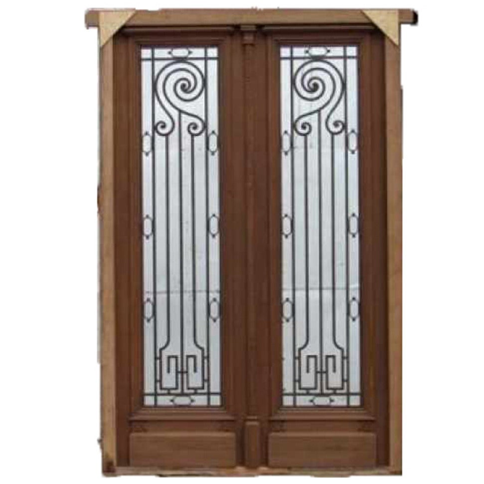 Huge Double Front Door With Wrought Iron Inserts For Sale
