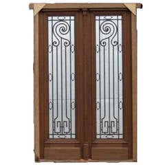 Antique Huge Double Front Door With Wrought Iron Inserts