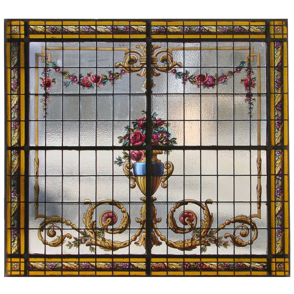 Leaded & Hand Painted glass Panel For Sale