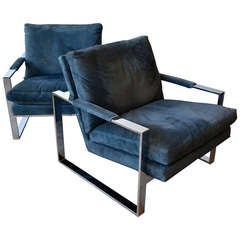1970's Suede And Chrome Lounge Chairs By Milo Baughman