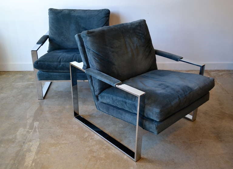 1970's Suede And Chrome Lounge Chairs By Milo Baughman