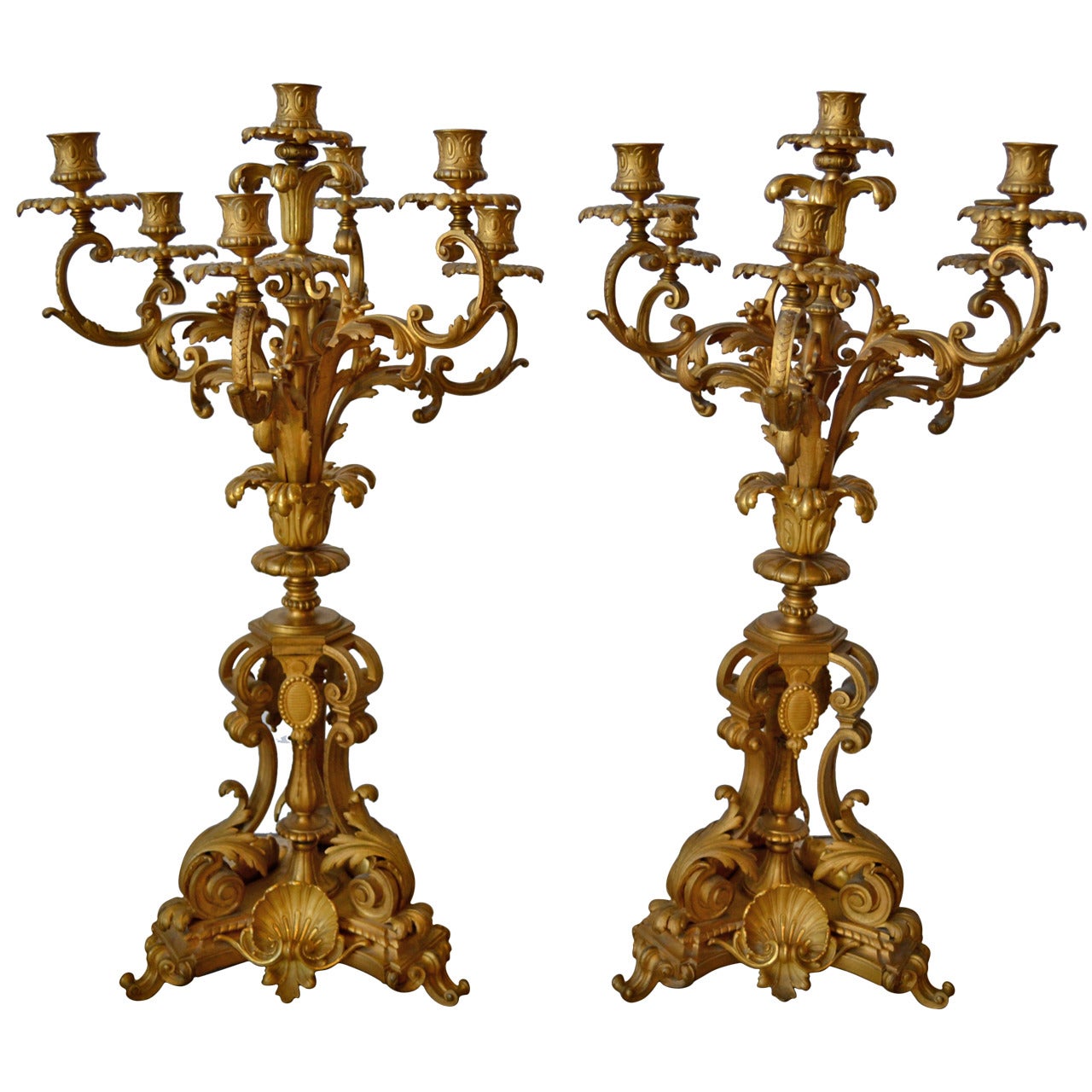 Pair of French Late 19th Century Gilt Bronze Candelabras, Fourteen Lights