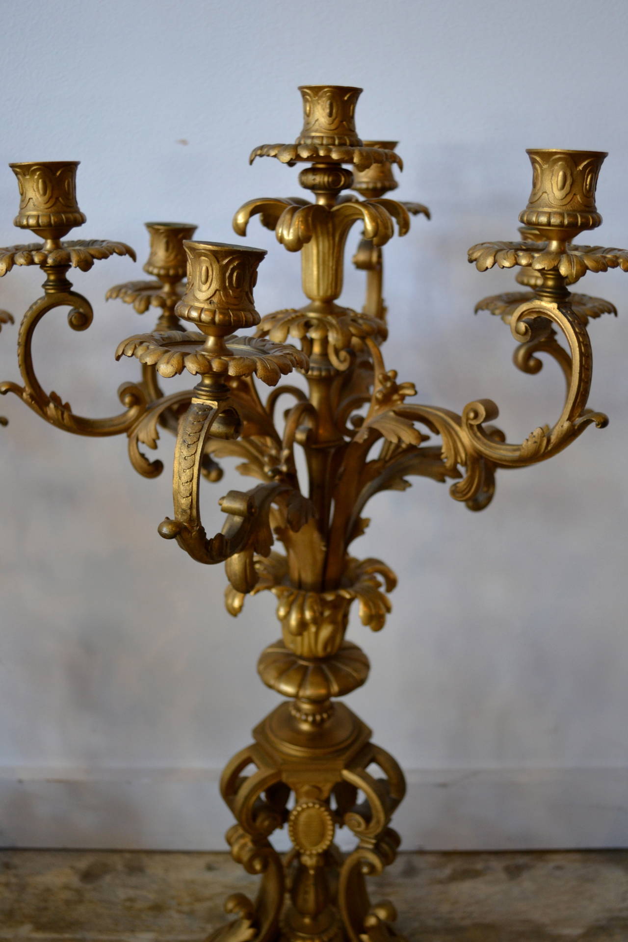 Pair of French Late 19th Century Gilt Bronze Candelabras, Fourteen Lights In Good Condition In Bedford Hills, NY