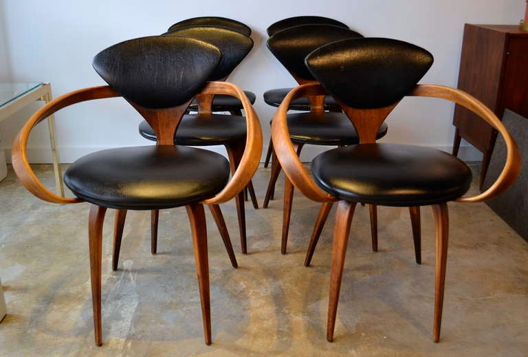 set of six norman cherner for plycraft dining chairs, one owner, circa 1960.  original condition, two chairs have rips in seat.