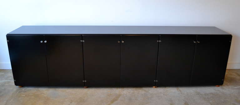 Very sleek 1990's black matte lacquer credenza by G. Frattini, Italy.