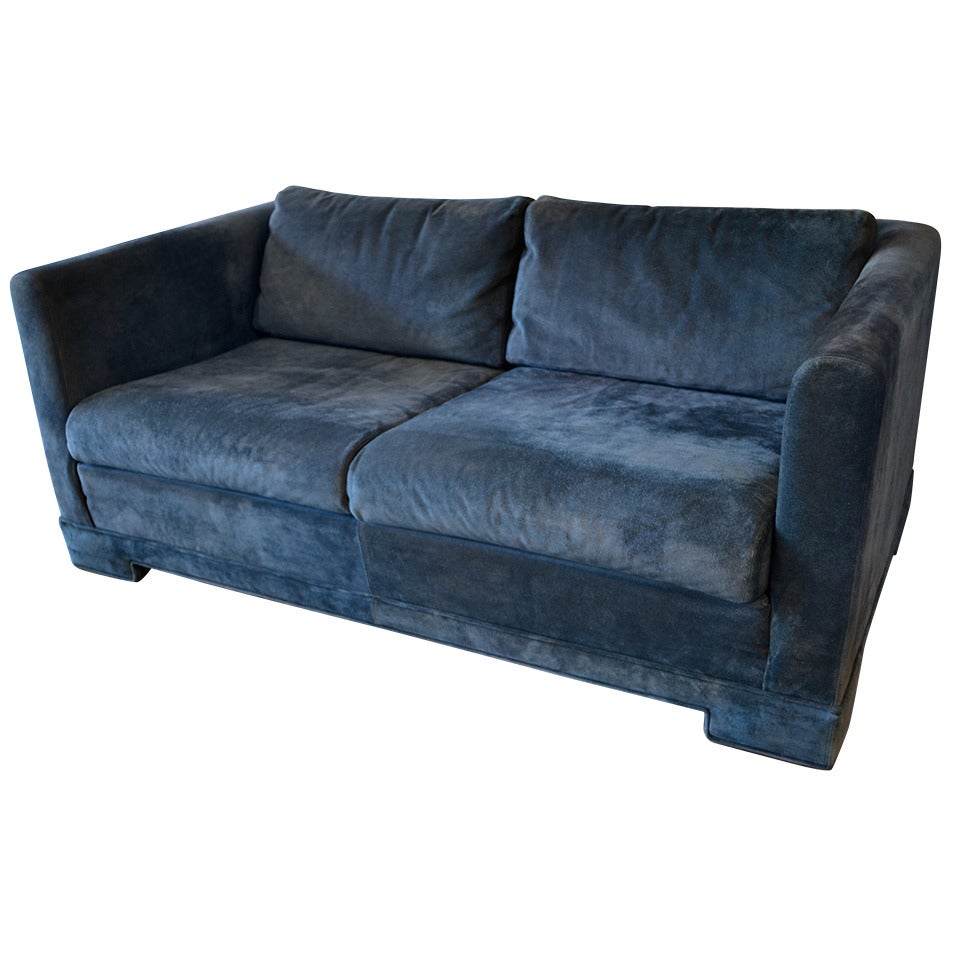 Blue Suede Leather Loveseat by Milo Baughman for Thayer Coggin