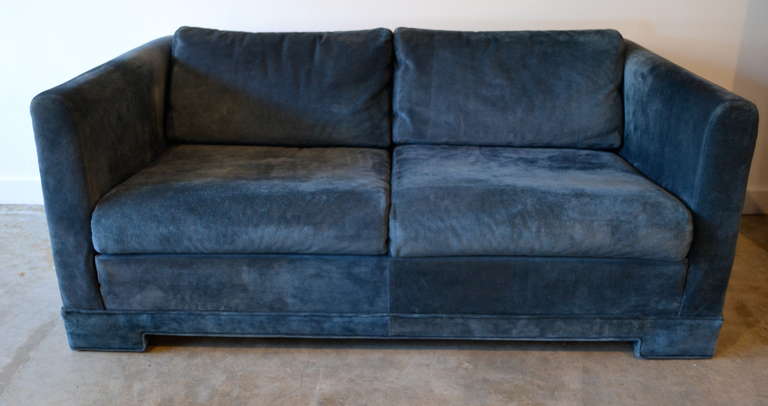 Modern Blue Suede Leather Loveseat by Milo Baughman for Thayer Coggin