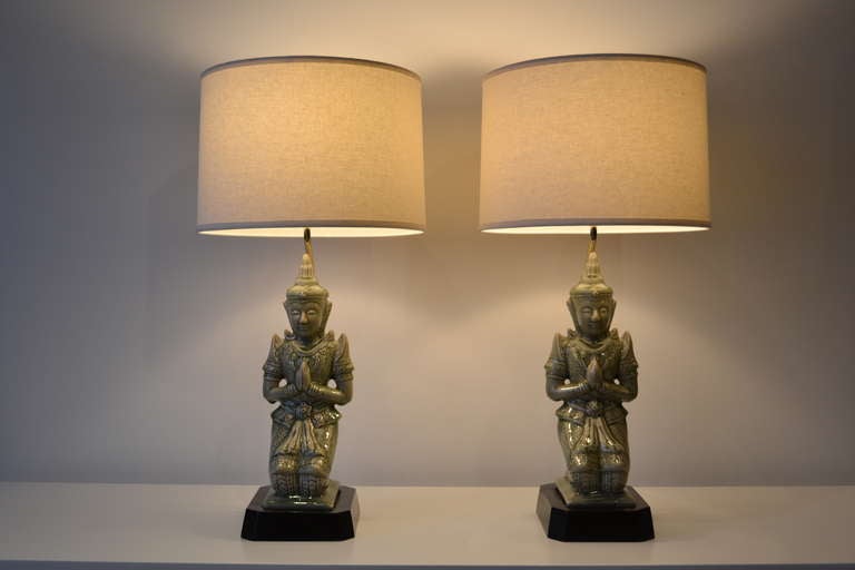 stunning glazed ceramic buddha lamps, 1940's, restored and re-wired.  shades not included.