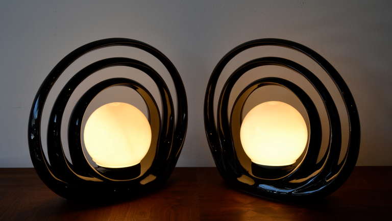 Unknown Pair of Art Deco Style Ceramic Three Halo Table Lamps, 1980's