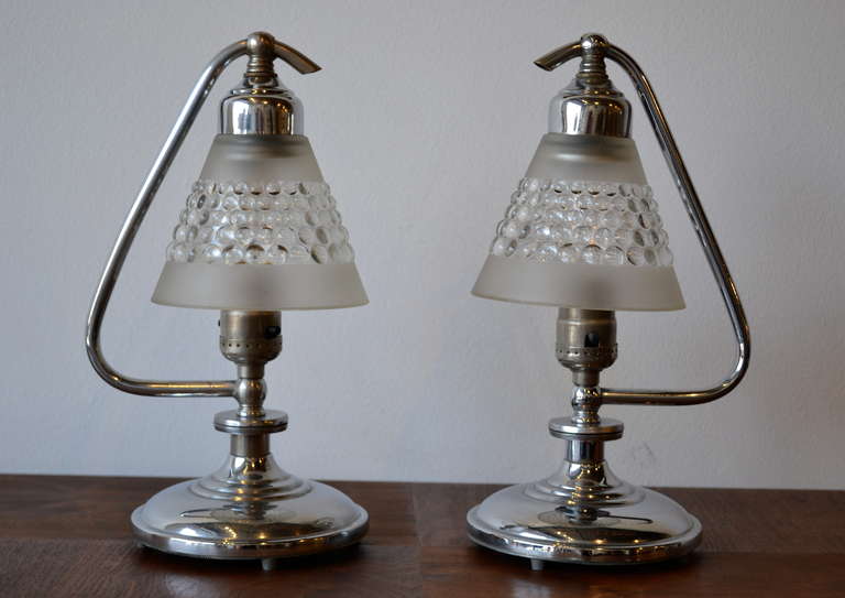 classic american art deco designed small table lamps, original frosted glass bubble shades