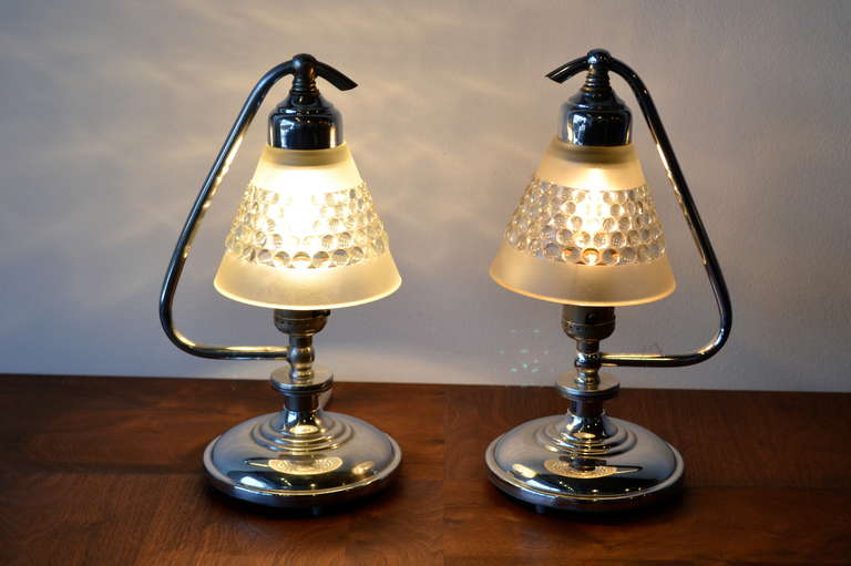 American Chrome and Bubble Glass Art Deco Table Lamps