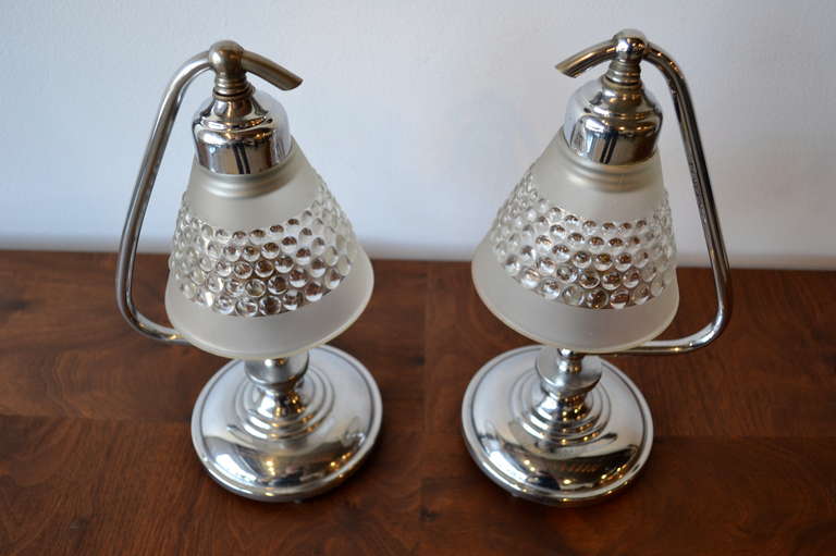 Chrome and Bubble Glass Art Deco Table Lamps In Excellent Condition In Bedford Hills, NY