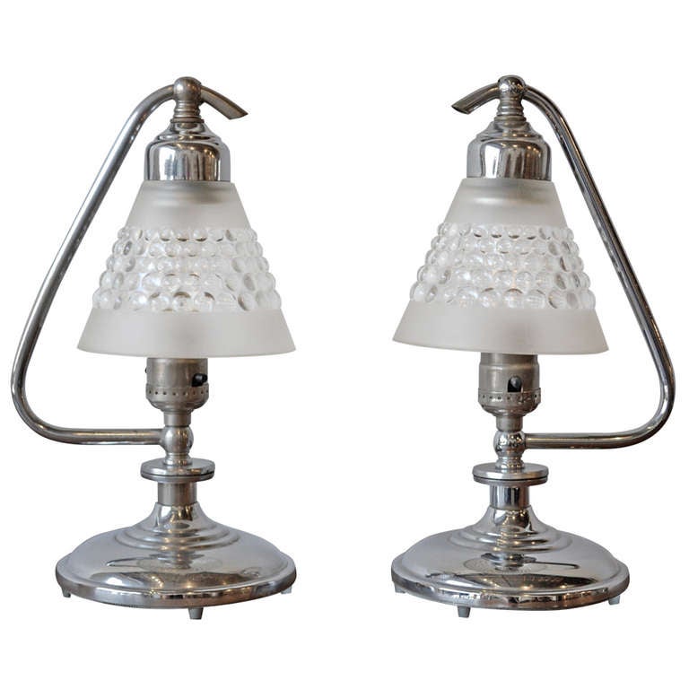 Chrome and Bubble Glass Art Deco Table Lamps