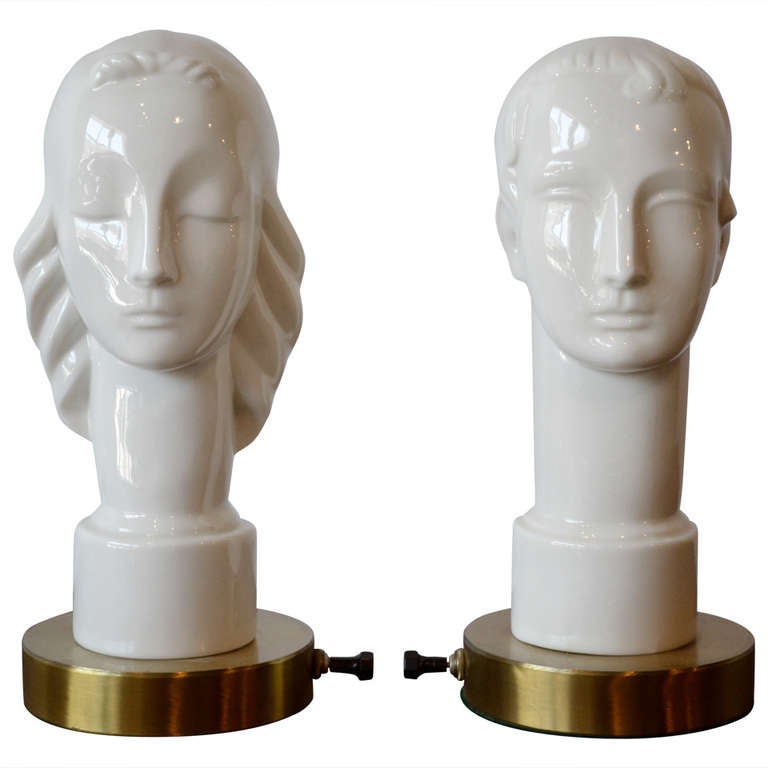 Lampes de table Art Déco en porcelaine:: hommes et femmes:: Lenox:: vers 1940