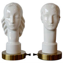 Art Deco Porcelain Figural Male Female Table Lamps by Lenox, circa 1940s