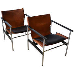 Vintage Pair of Charles Pollack for Knoll Leather Sling Lounge Chairs