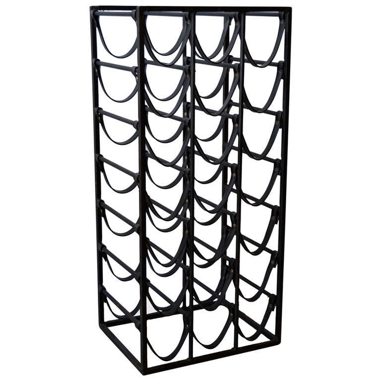 Mid Century Wrought Iron & Leather Wine Rack in the Manner of Arthur Umanoff