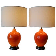 Lampes en céramique émaillée orange du milieu du siècle dernier