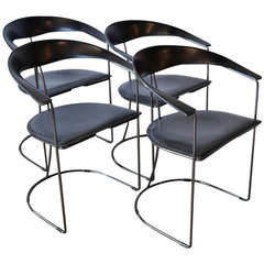 four black leather & gun metal chrome dining chairs by aarben, italy