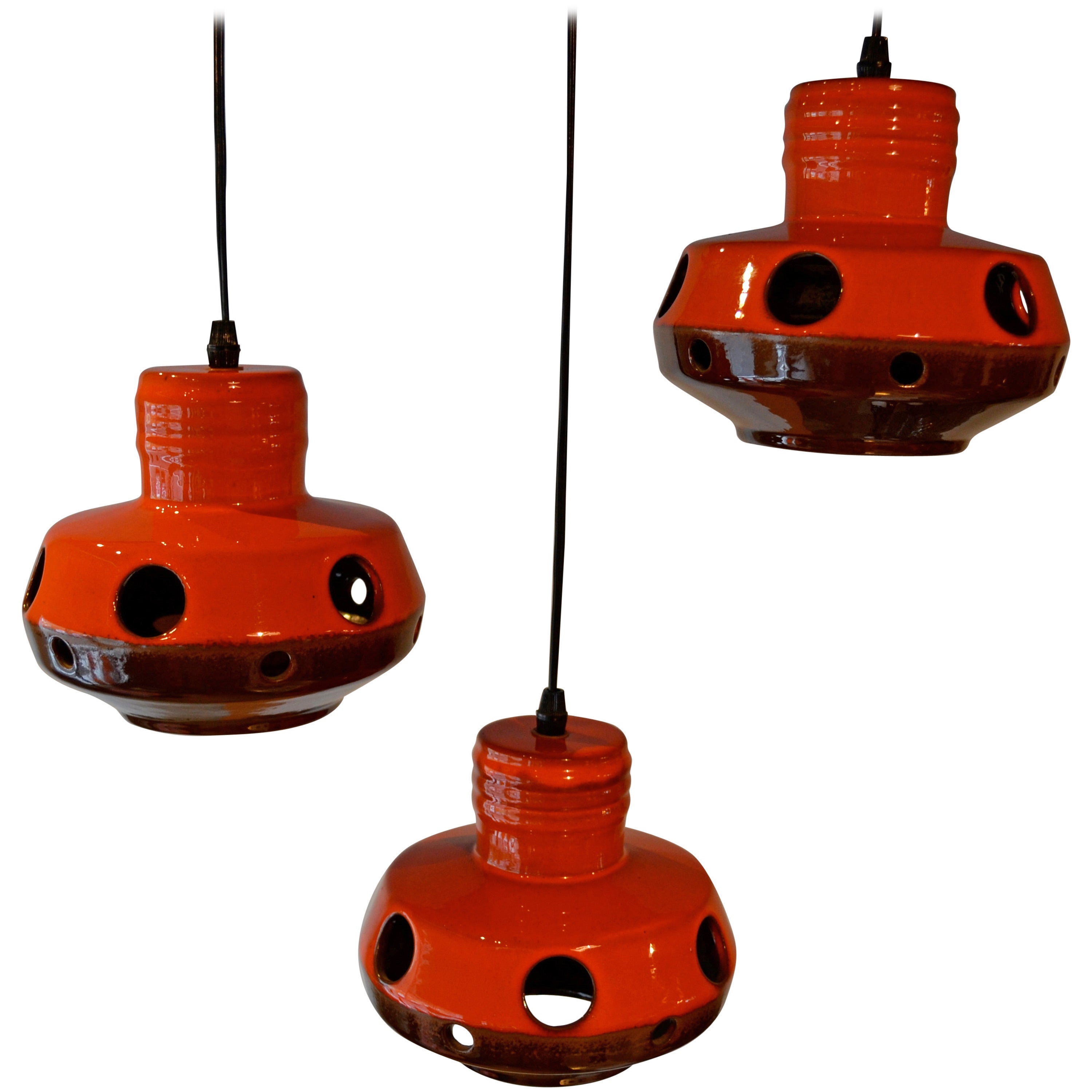 Set of Three Mid Century Orange Glazed Ceramic Pendant Lights, Germany, 1970's