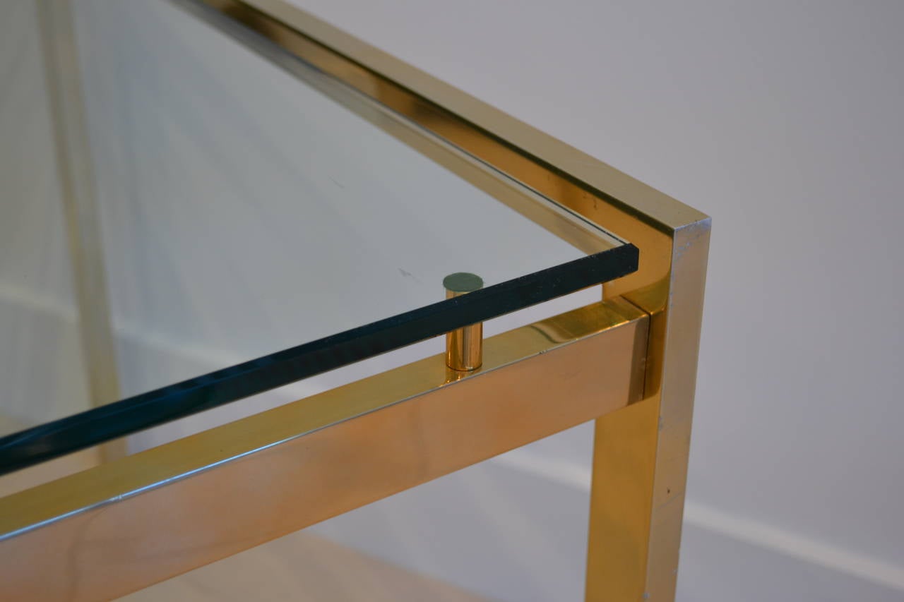American Modern Side Table with Lacquered Brass Base and Floating Glass Top, 1980's For Sale