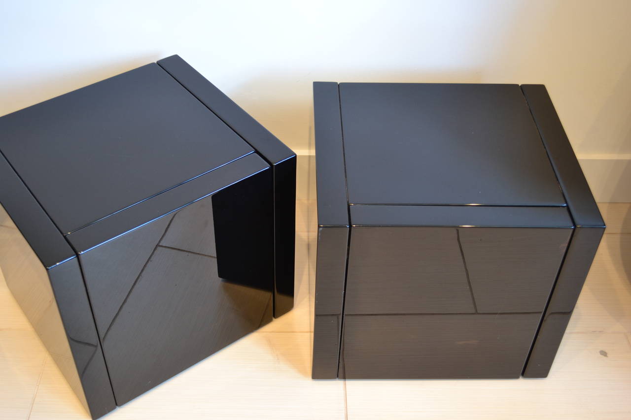 Roche Bobois Black Lacquer Cube Nightstands, 1980s at 1stDibs