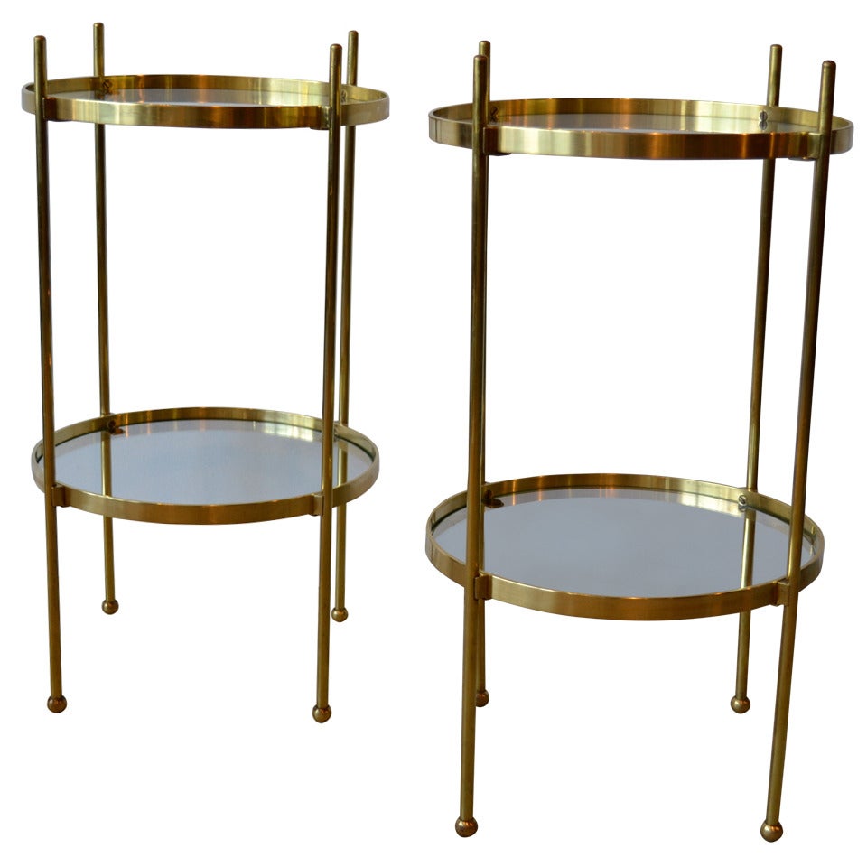 hollywood regency solid brass & glass round side tables