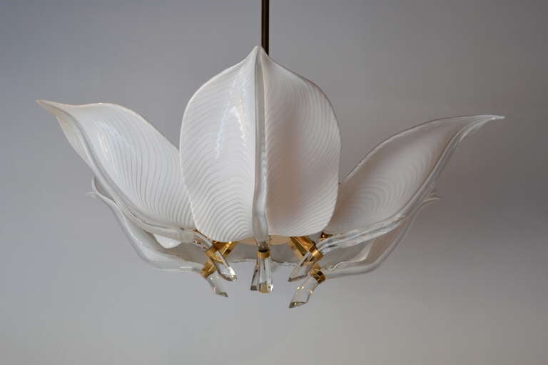 Spectacular six leaf handblown Murano glass chandelier designed by Franco Luce.