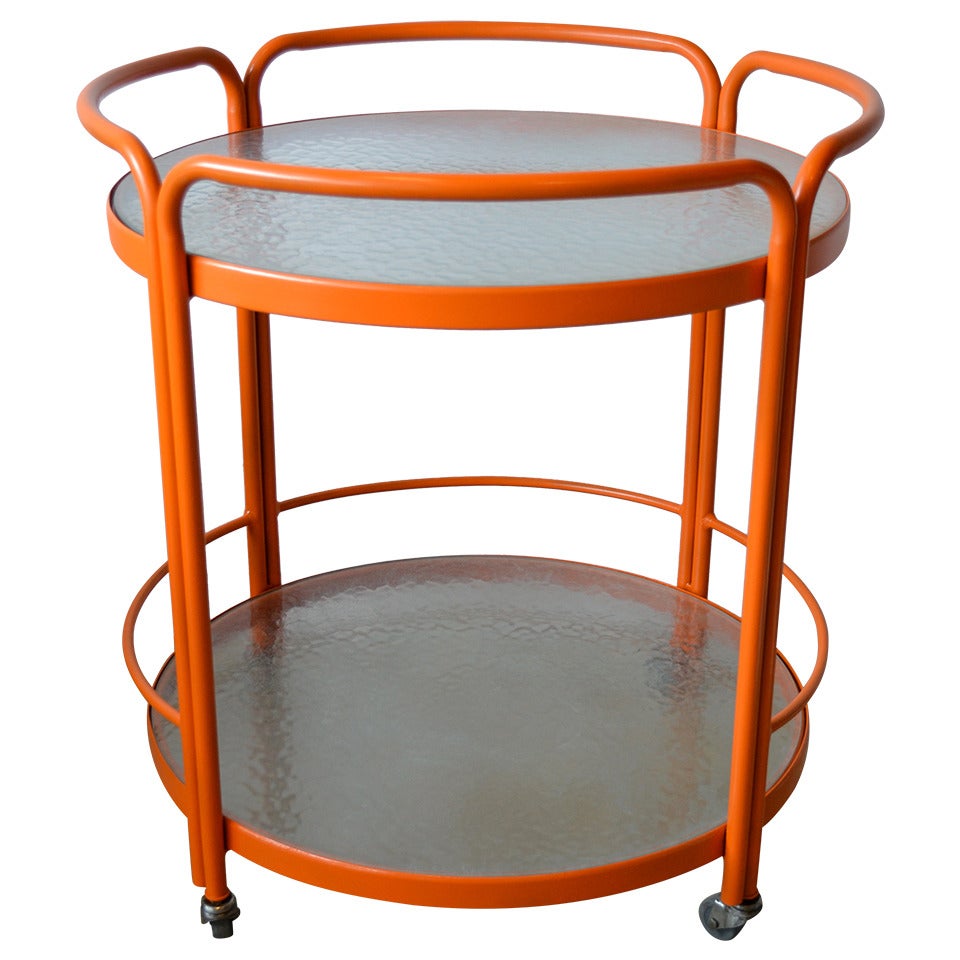 Large Vintage Vibrant Orange Aluminum and Glass Indoor or Outdoor Serving Cart