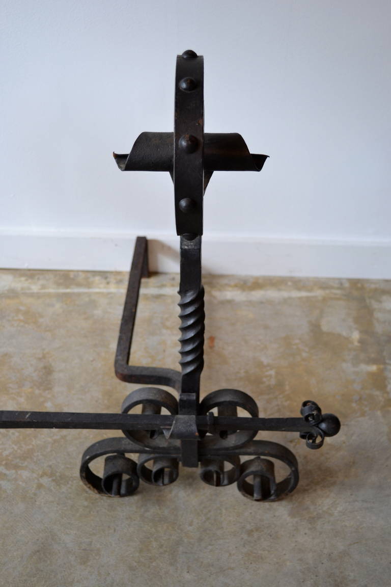 Revival Massive Black Wrought Iron Andirons, Hand-Forged, 1930's