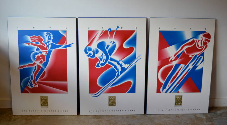 Three 1992 winter Olympics posters created and displayed in various locations within the Olympic village. Owned by a former CBS sports executive. Downhill skiing, ski jumping and ice skating.