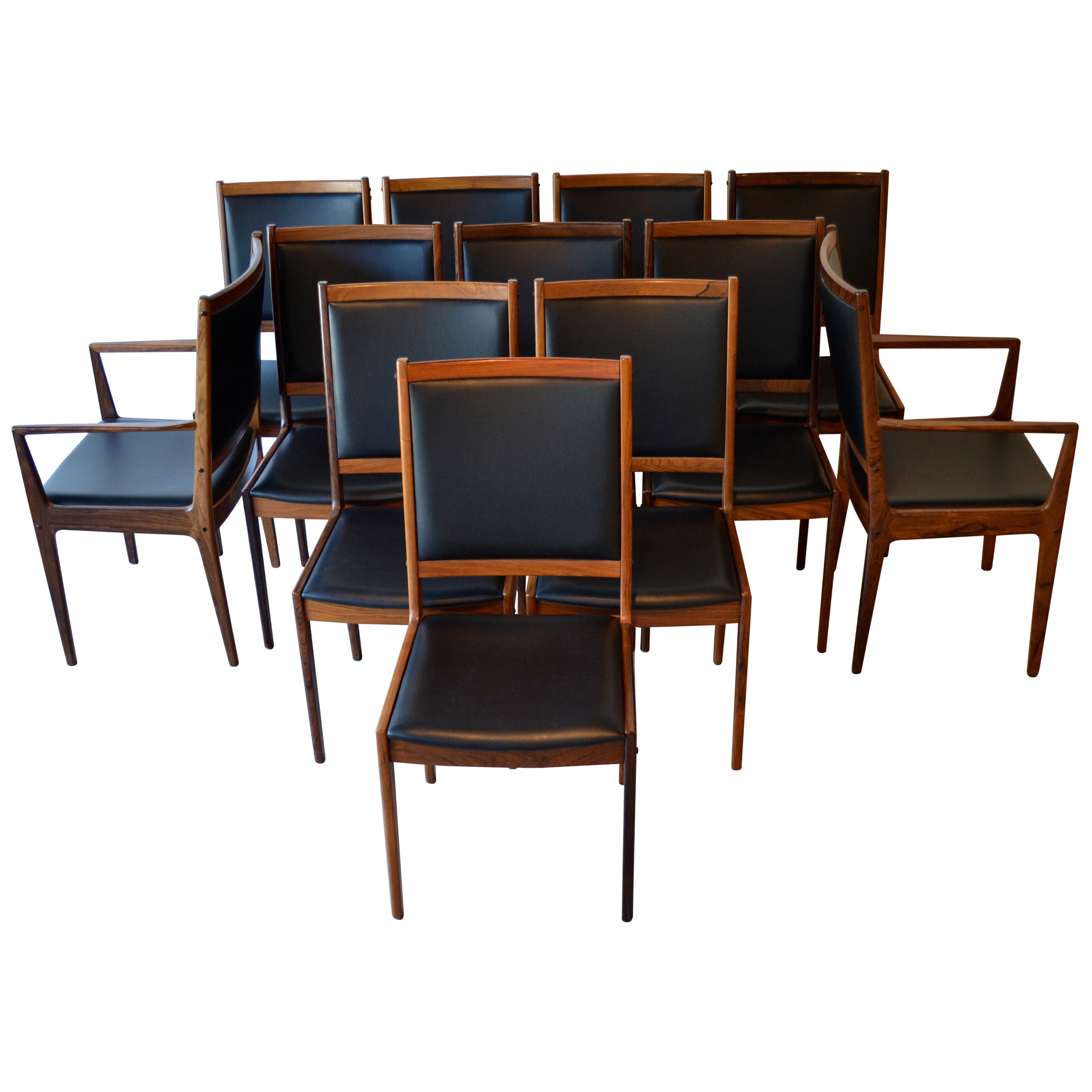 12 Rosewood and Leather Dining Chairs by JL Møller, Denmark, 1960's
