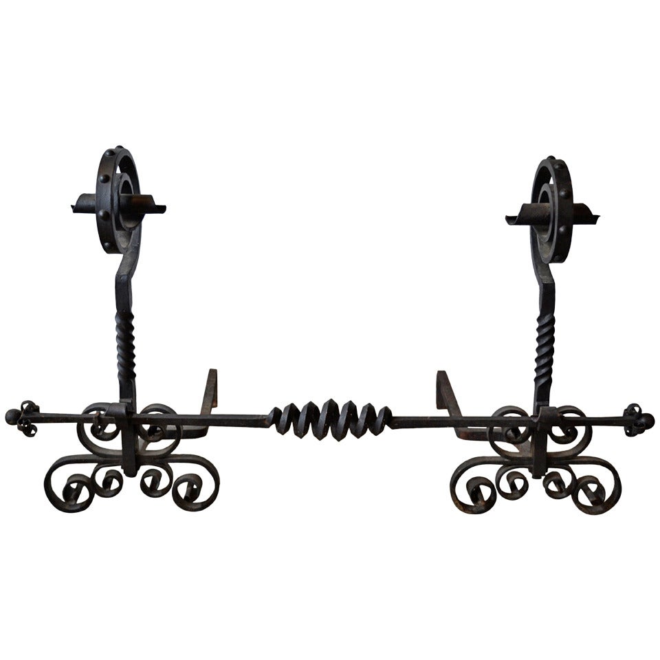 Massive Black Wrought Iron Andirons, Hand-Forged, 1930's