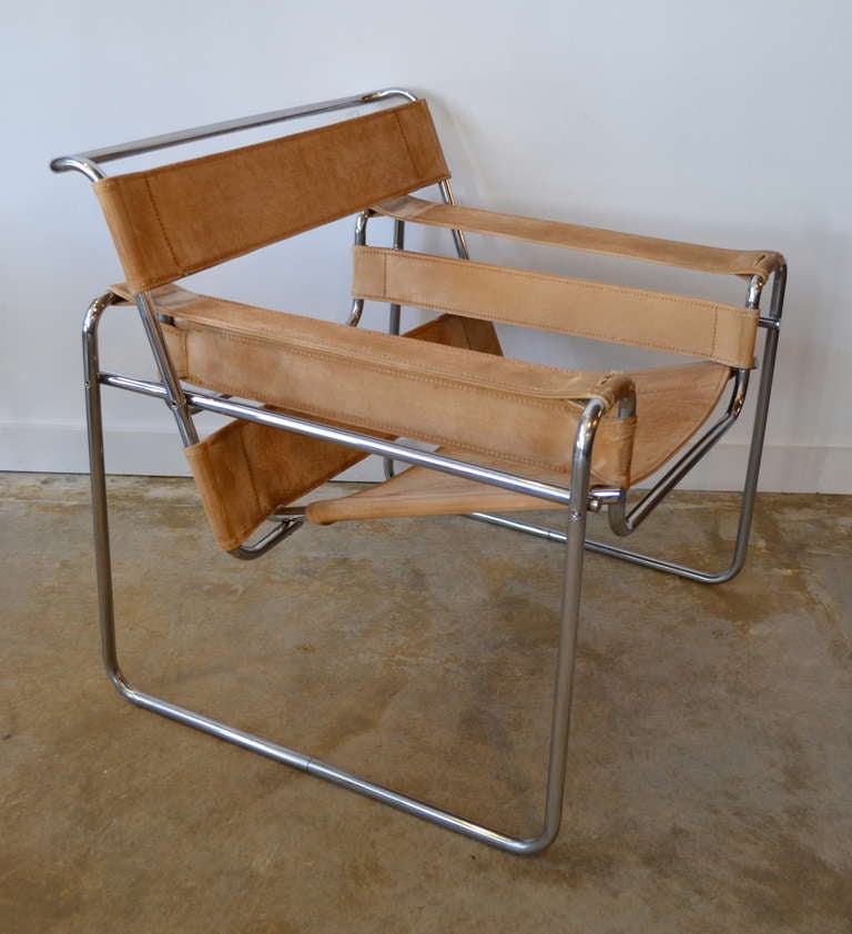 rare canvas wassily chair by marcel breuer, older solid frame construction.