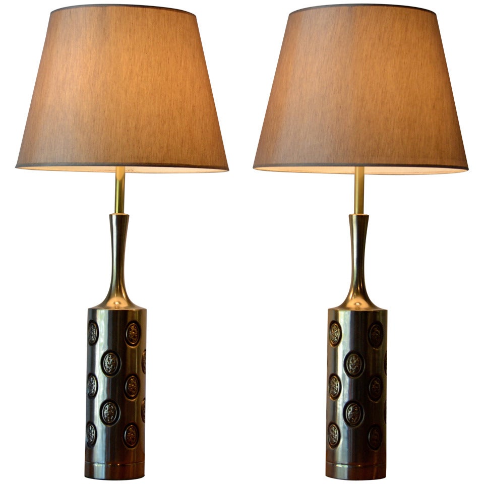 Pair of Mid Century Modern Brass Embossed Table Lamps by Laurel Lamp Co, 1960's