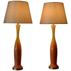 Pair of Large Mid-Century Modern Orange and Yellow Glazed Ceramic Table Lamps 5