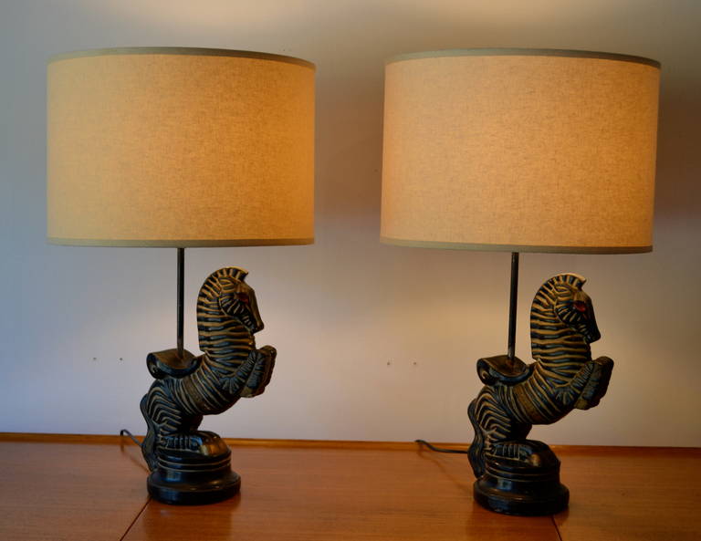 very early and rare frederic weinberg zebra table lamps, plaster, original condition, rewired.  shades not included. 