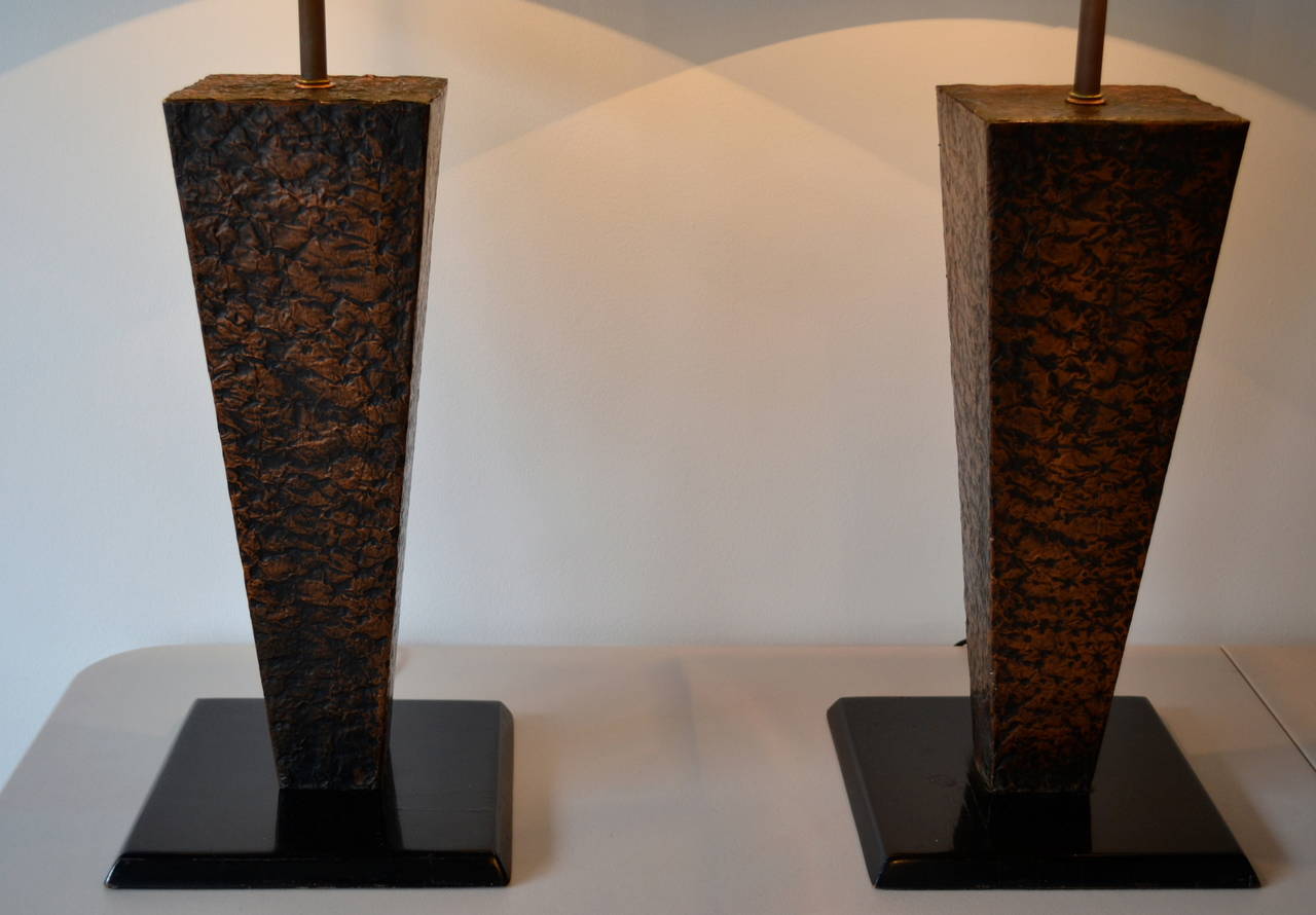Beautiful pair of handcrafted hammered copper table lamps, all original, rewired, shades not included.
