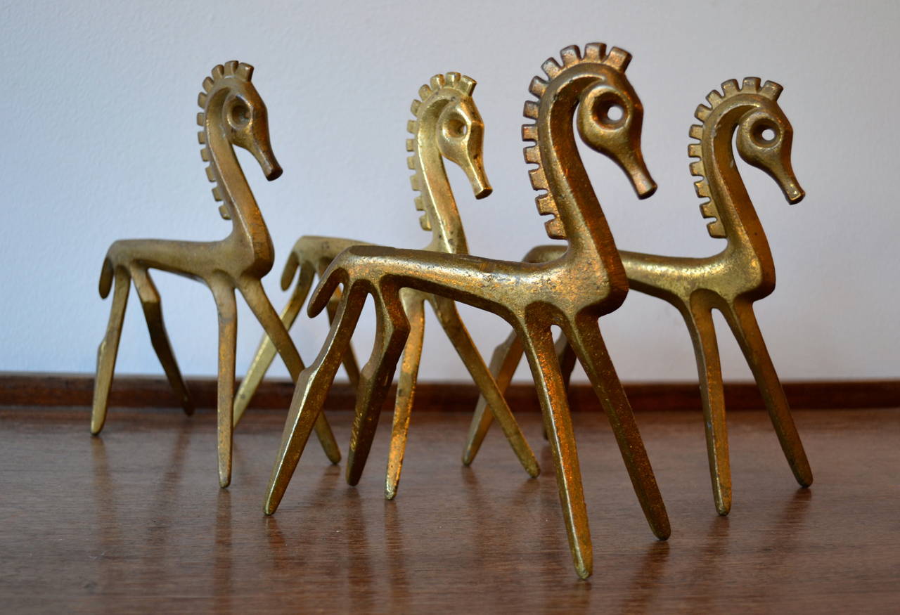 Mid Century set of four brutalist horse sculptures designed by Frederic Weinberg, all initialed FW.