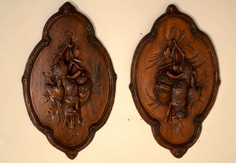 19th Century Pair of Black Forest Carved Game Plaques
