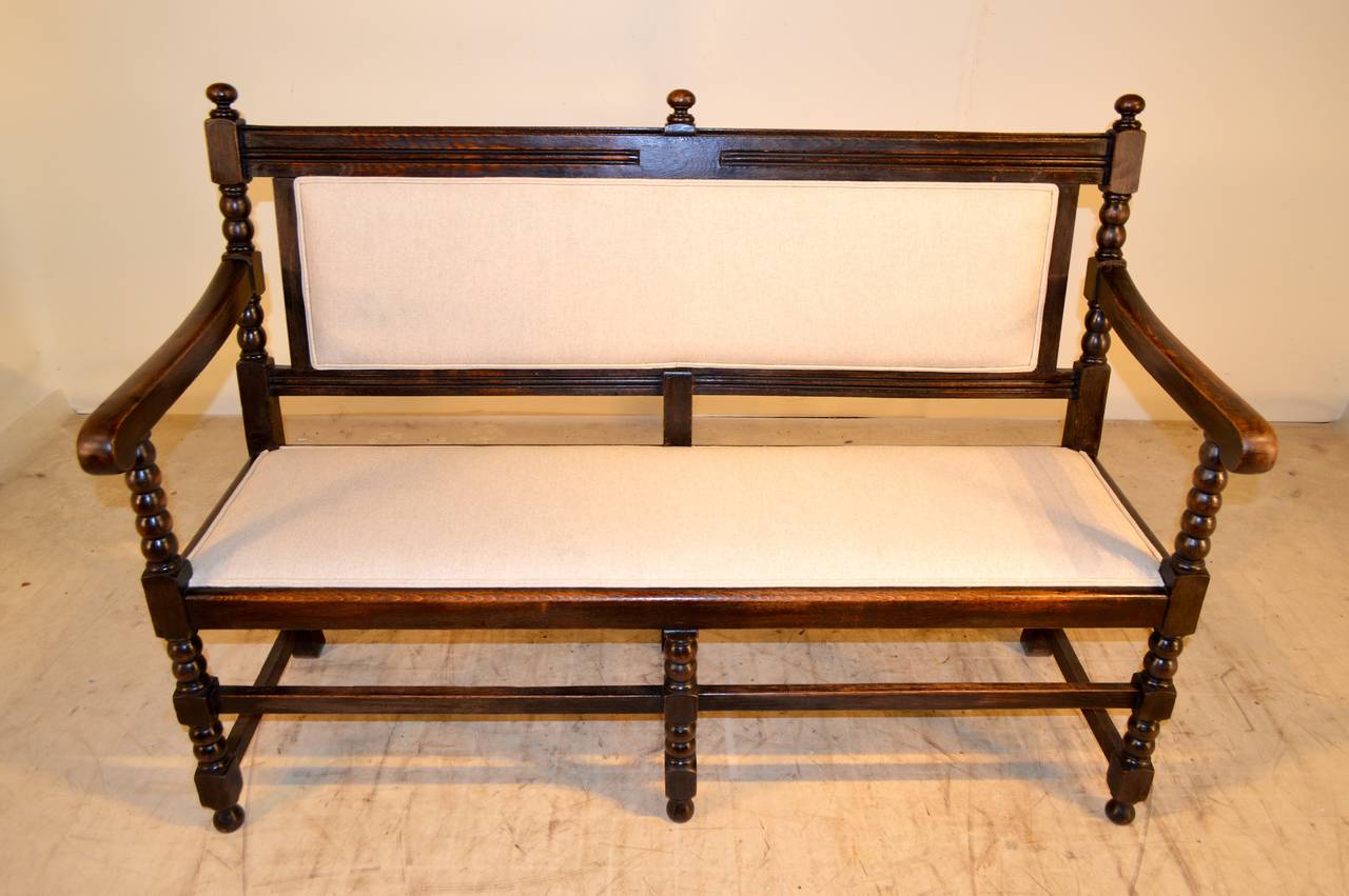 Late Victorian 19th Century English Oak Upholstered Bench