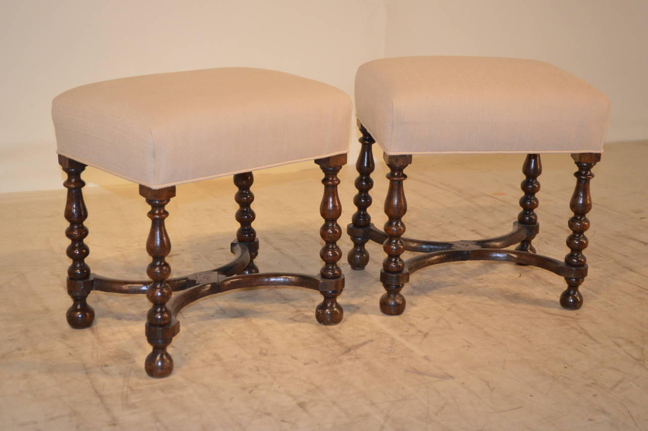 19th Century Pair of English Oak Upholstered Stools