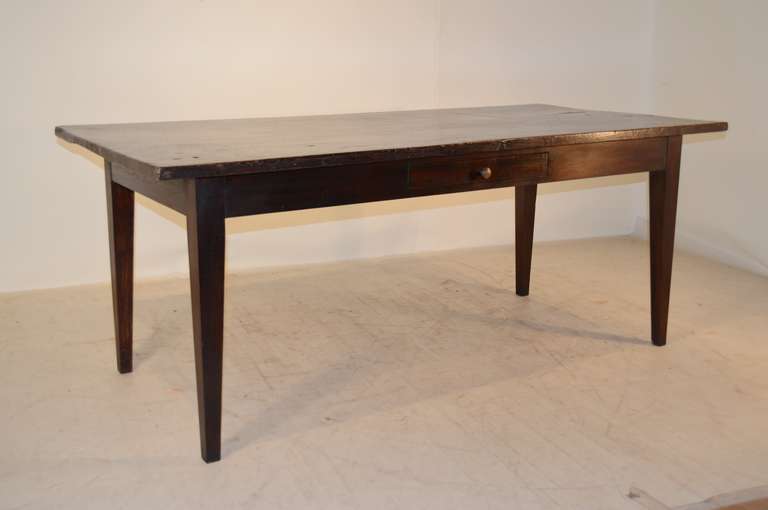 c.1780 Period Georgian farm table with two-plank Elm top with pegged construction.  The top is 1.25