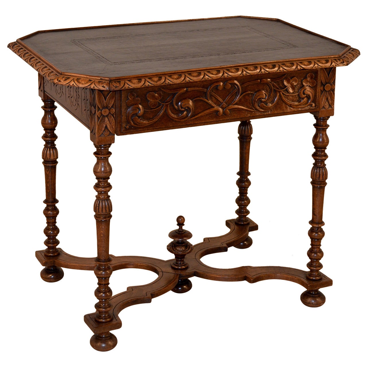 19th Century French Walnut Table with Leather Top