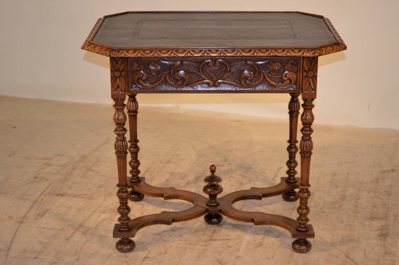 19th Century French Walnut Table with Leather Top In Excellent Condition In High Point, NC