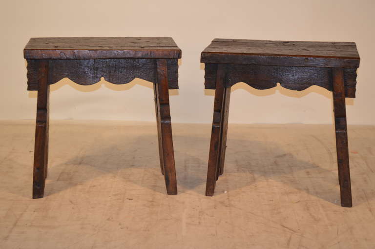 18th-C. Pair of very unusual bog oak benches with pegged construction throughout.  The tops are nearly 1.75