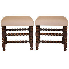 19th Century Pair of English Turned Upholstered Stools