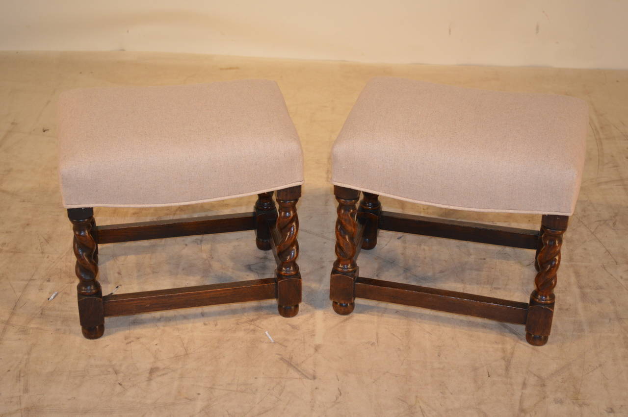 Victorian 19th Century Pair of English Oak Upholstered Stools